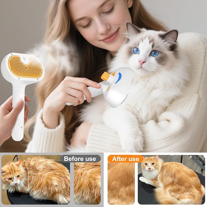 Pet Steam Brush for Dog & Cat – 3-in-1 Spray Hair Removal Comb – Steam Brush for Shedding & Grooming – Spritz Defur Comb – Includes Waterless Shampoo & Dental Wipes