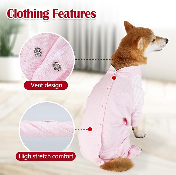 Dog Recovery Suit, Abdominal Wound After Surgery Wear, Anti Licking Bodysuit with Snaps, E-Collar & Cone Alternatives, Striped Dog Spay Surgical Pajamas Prevent Shedding(Medium, Pink)