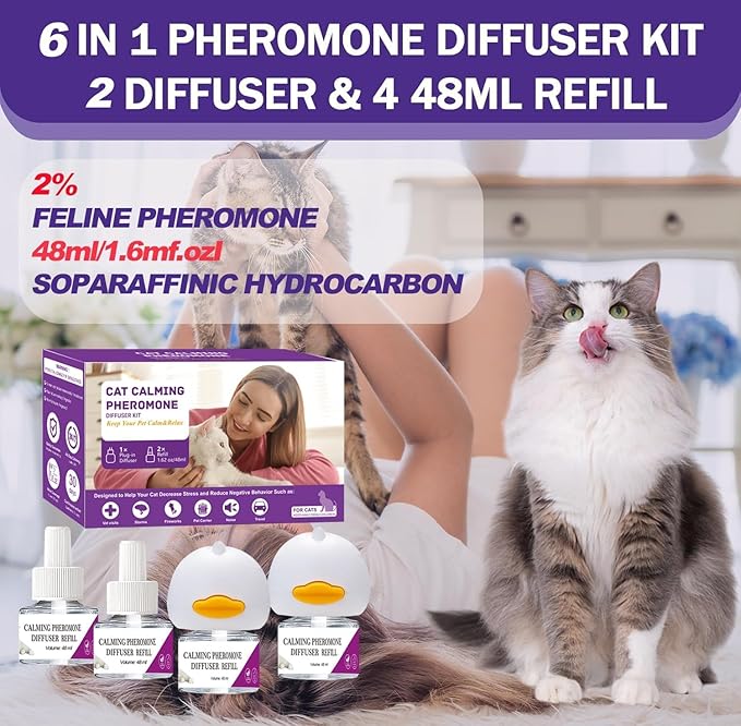 Cat Calming Diffuser, Cat Pheromones Calming Diffuser, Pheromone Dffuser to Calm Cats, Cat Calming Diffuser with 2 Diffuser + 4 Refill,120 Days for Cats Relief Stress Anxiety (Purple)