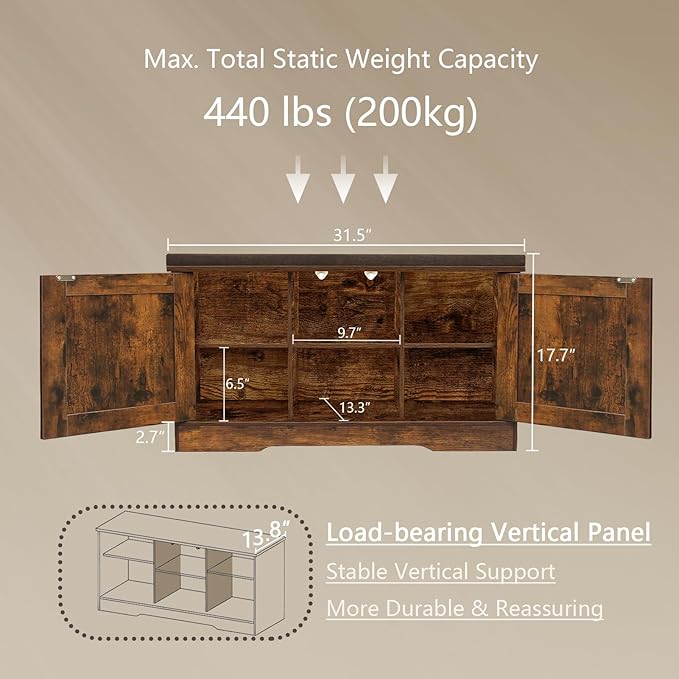 DINZI LVJ Shoe Bench, Entryway Storage Bench with Doors, Cushion, 2-Tier Shoe Rack with 6-Cubby, 31.5”L x 13.8”W Shoe Organizer Cabinet, Adjustable Shelf, Living Room, Bedroom, Rustic Brown