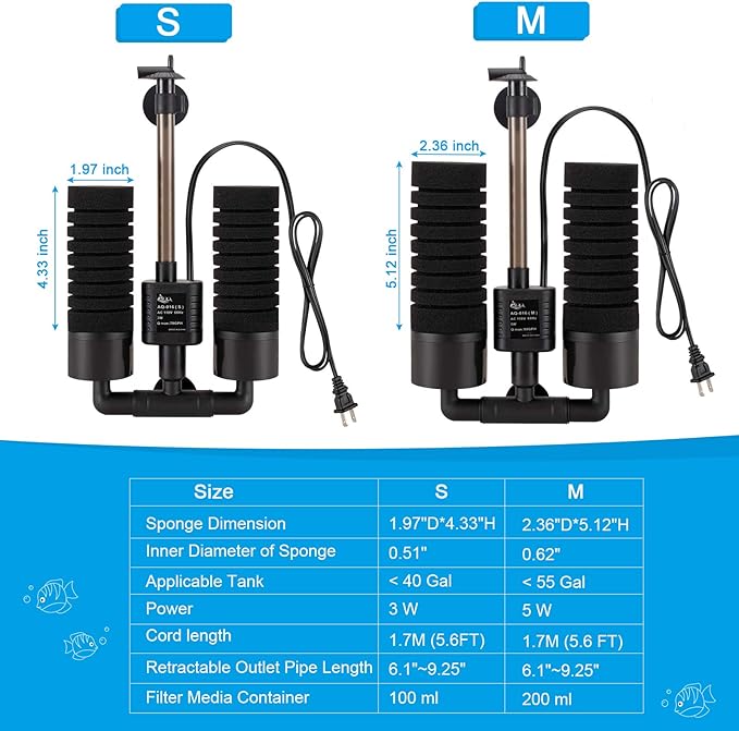 AQQA Aquarium Sponge Water Filter, Power Driven Double Biochemical Filter, Quiet Submersible Foam Filter with 2 Extra Sponges, 1 Bag of Filtered Ceramic Balls for Fresh and Salt Water Fish Tank (L)