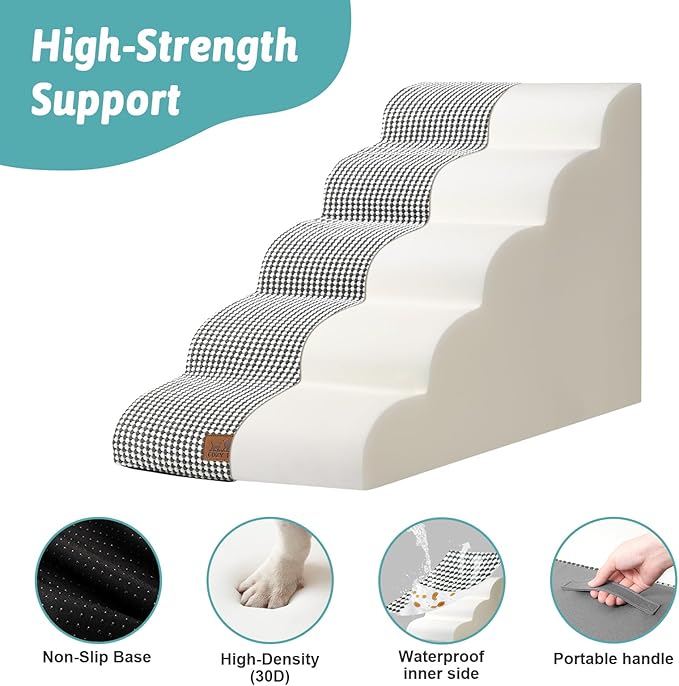 Extra Wide Dog Stairs 19.7" Width, Large Pet Step for Small Medium Dog, Puppy or Cat, Ramp for High Bed or Car, High Density Foam Ladder, Stable, 5 Step, 19.7x33x22.4 inch, White Black