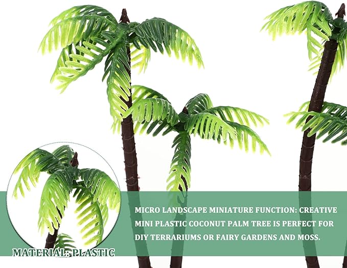 Plastic mini Palm Tree, Green Palm Tree Coconuts Topper Scale Scenery Miniature Figurines Micro Aquarium Plant Building Model Landscape