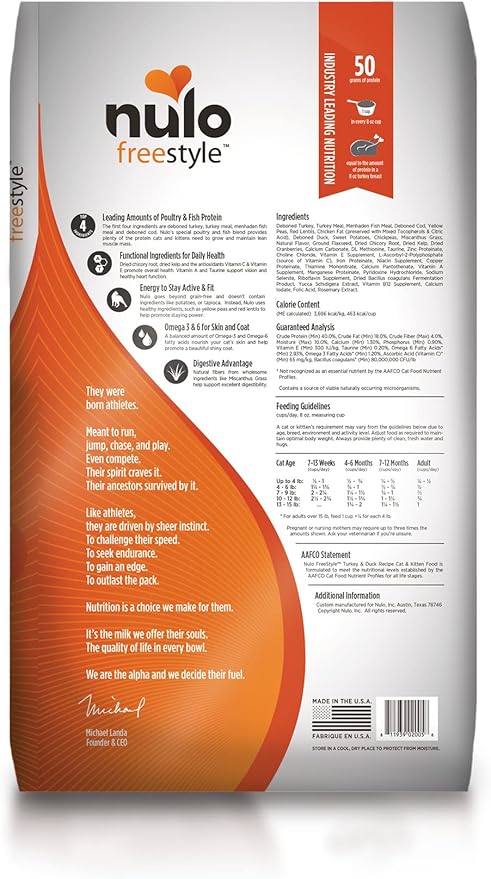 Nulo FreeStyle High Protein Cat & Kitten Food, Turkey & Duck Recipe - Natural Grain-Free Dry Cat Food with Omega Fatty Acids & Probiotics, 14 lb Bag