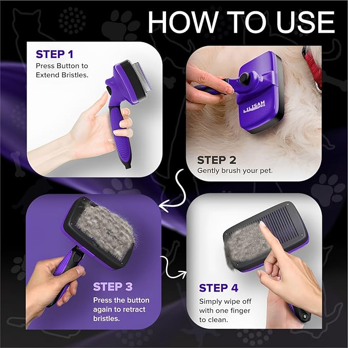 Pet Self Cleaning Slicker Brush and Grooming Comb - Gently Removes Loose Hair, Tangles, and Dirt - Skin Friendly Deshedding Grooming Tool for Hair Dogs & Cats - Pet Supplies Accessories (Purple)