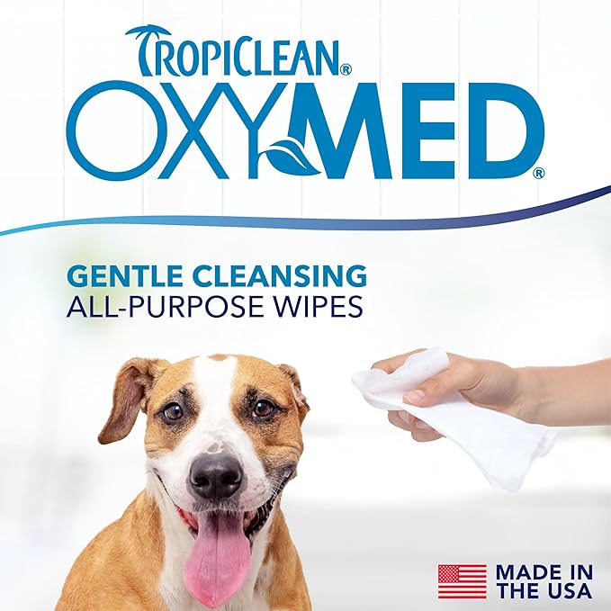 TropiClean Oxymed Soothing Allover Cat & Dog Wipes For Paws And Butt | Anti Itch Relief For Dogs & Cats 50 Count