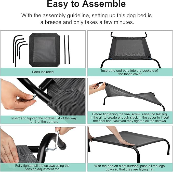 50" Lx35 Wx8 H Cooling Elevated Dog Bed for Large Dogs with Non-Slip Floor Protectors & Breathable Mesh, Raised Indoor & Outdoor Dog Cot Pet Hammock, Green