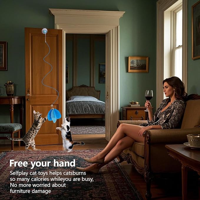 Cat Toys Interactive for Indoor, Cats Toy Hanging Door Electric for Bored, Feather Toy Kitten Rechargeable Door Hanging Automatic String with 4pcs Feather Toys, White