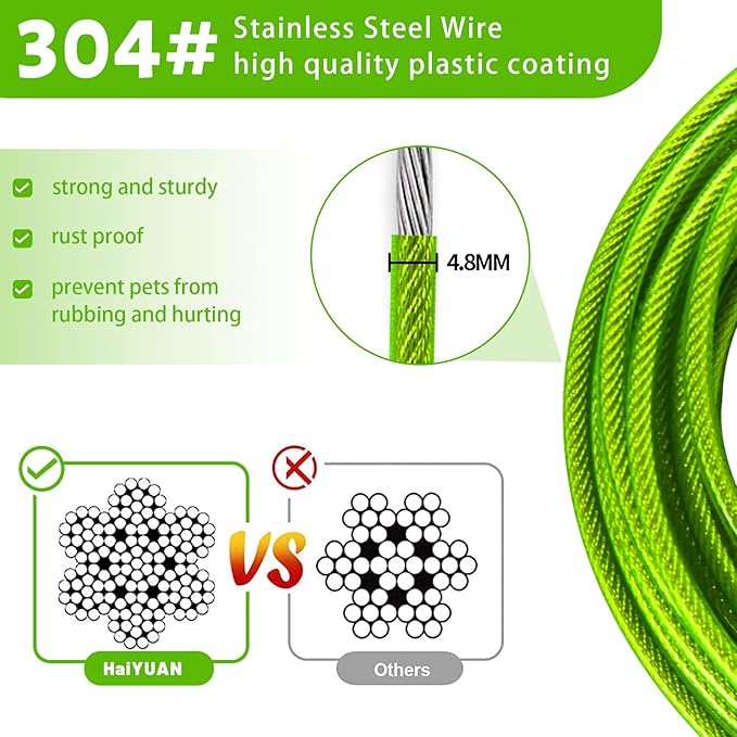 Dog Tie Out Cable 10/15/20/25/30 FT Runner for Yard Steel Wire Cable with Durable Superior Clips Green Chains for Outside Dog Lead for Large Up to 165 Lbs