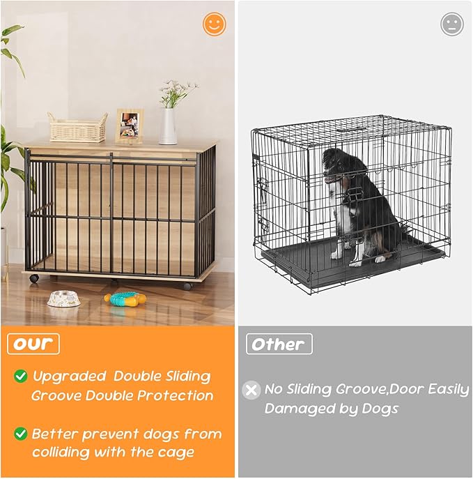 43.7" Dog Crate Furniture, XL Dog Crate Dog Kennel Indoor with Wheels for Large Medium Small Dogs, Wooden Dog Kennel End Table with Sliding Door Wooden Furniture Crates for Living Room, Bedroom