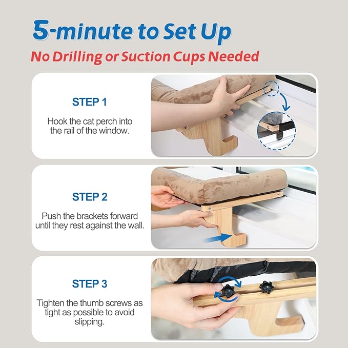 Cat Perch for Window Sill with Bolster - Orthopedic Hammock Design with Premium Hardwood & Robust Metal Frame - Cat Window Seat for Large Cats and Kittens - Natural Color Wood with Gray Bed