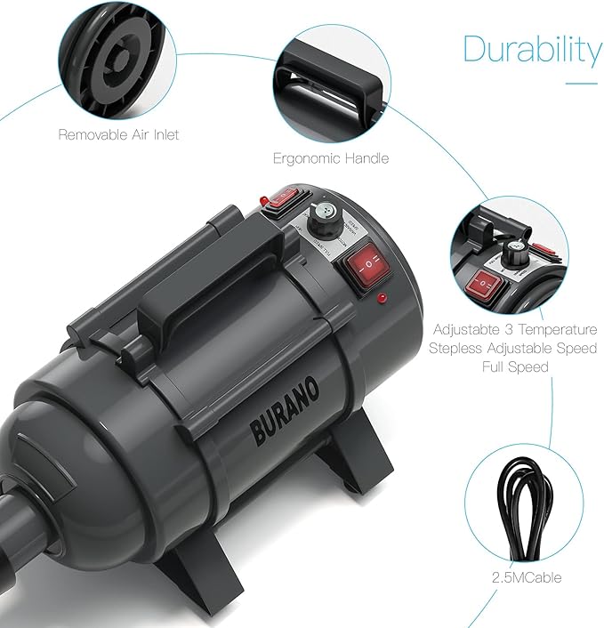 Burano High Velocity Dog Pet Stand Grooming Dog Dryer with 4.3HP Variable Dog Blow Dryer, Fluffy Dry