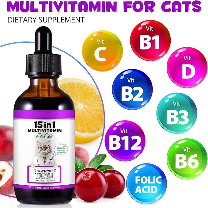 Cat Multivitamin,15 in 1 Cat Vitamins and Supplements, cat Vitamins for Indoor Cats, Liquid Drops for Heart Health, Bones, Joint, Skin & Coat, Immune System Support 60ml 2 fl.oz