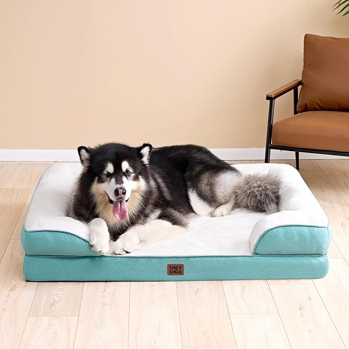 EHEYCIGA Orthopedic Dog Beds for Large Dogs, Waterproof Memory Foam Large Dog Bed with Sides, Non-Slip Bottom and Egg-Crate Foam Pet Couch Bed with Washable Removable Cover, Turquoise Blue