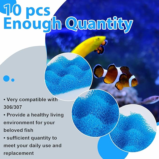 Maxcheck 10 Pack Compatible with 306/307 Blue Bio Sponge Value, Replacement Filter Media Sponge Pads for Aquarium