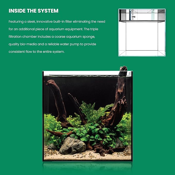 Ultum Nature Systems Dual AIO - Freshwater/Saltwater Compatible All in One Rimless Tank with Triple Chamber Filtration System, Integrated Filter Aquarium w/Leveling Mat - 17 Gallon, 40A, Black