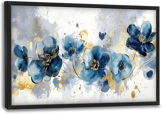 Extra Large Framed Abstract Blue Flower Wall Art,Oversized Golden Grey Floral Wall Decor Pictures for Living Room,Canvas Print Painting Modern Artwork Bedroom Office Bathroom Home Decor 36L" x 24W"