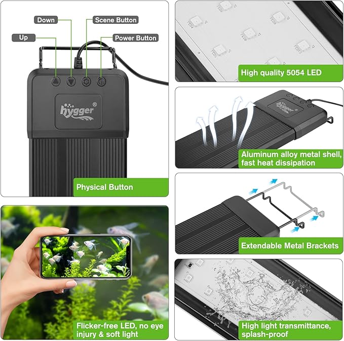 hygger 40W Smart Aquarium Light, Bluetooth LED Light with App Control, Full Spectrum Fish Tank Light with 24/7 Lighting Cycle, 5 Modes, Adjustable Timer, for 30"-36" Freshwater Planted Tank