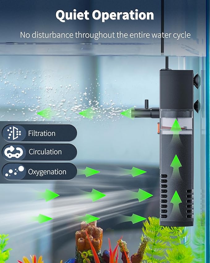 Pawfly Internal Aquarium Filter, Submersible Power Filter with 55 GPH Water Pump for 3 to 10 Gallon Fish Tanks Filtration Circulation and Oxygenation