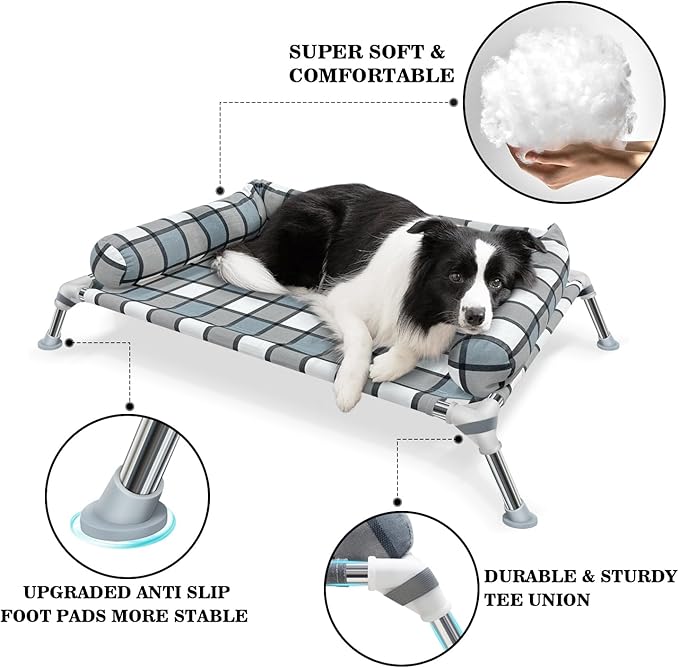 Elevated Raised Dog Bed Cot - Cooling Raised Dog Beds with Bolster Portable Washable Pet Cot Bed with Metal Frame Dogs Hammock Bed for Indoor & Outdoor
