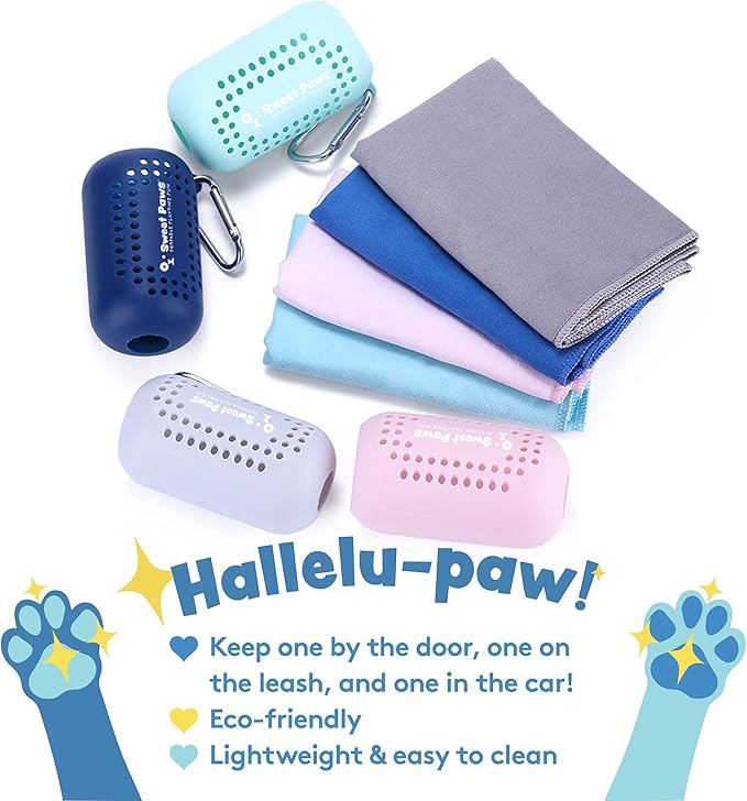 Sweet Paws Portable Dog Paw Towel, Lightweight & Super Absorbent Microfiber, Clips onto Leash, Quick Drying Towel for Dogs Paws with Silicone Case, Dry Dog’s Paws on The Go - 3 Pieces Set - Large