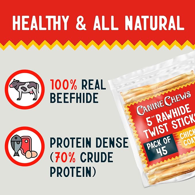Canine Chews 5" Chicken Coated Sticks - Pack of 45 USA-Sourced Rawhide Dog Treats - Protein-Dense Wrapped Chews With 100% Real Chicken Coating