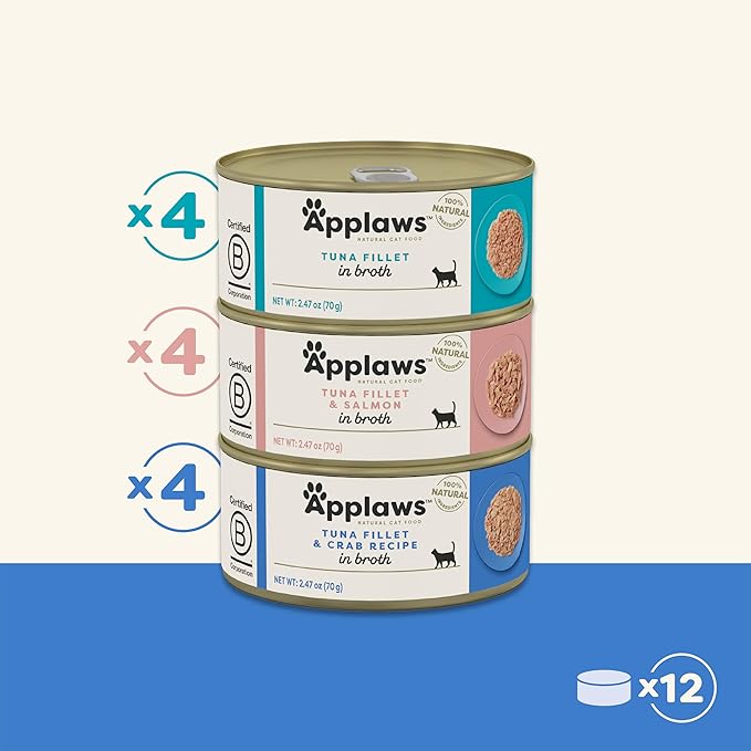 Applaws Natural Wet Canned Cat Food, Made with Limited and Natural Ingredients, Real Protein with No Artificial Additives, Fish Selection Variety Pack in Broth (12 x 2.47oz Cans)