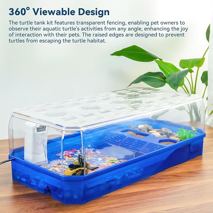 Aquatic Turtle Tank Habitat Kit Stone+Filter+Heat Lamp Enhancing Interaction with 360° Viewing, Standalone Filtration, DIY Creative Zone, Enriched Living (Blue, XL[Without Light])