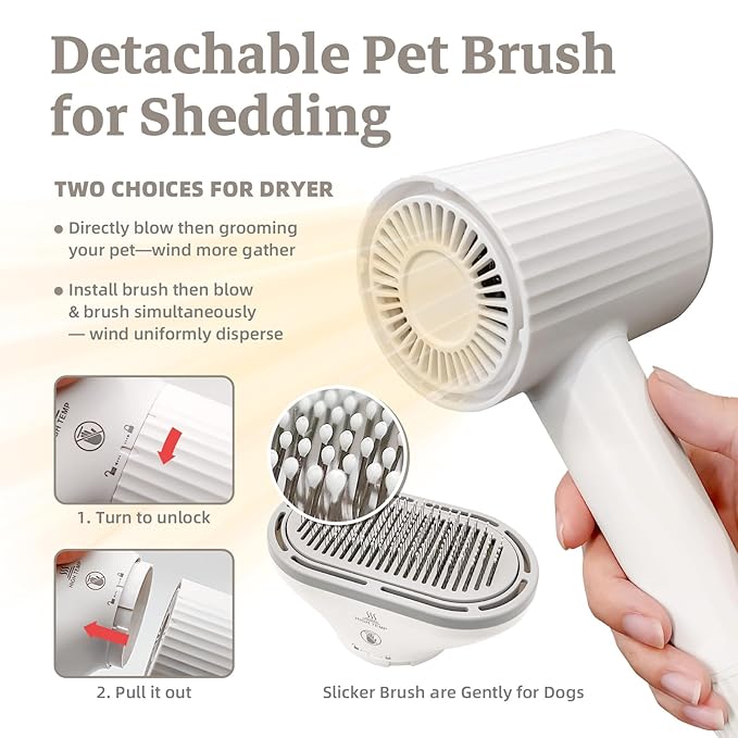 Dog Hair Dryer, Professional 2-in-1 Pet Hair Dryer & Grooming Brush with Removable Comb, Adjustable Temperature/Speed, Portable Dryer for Dogs and Cats