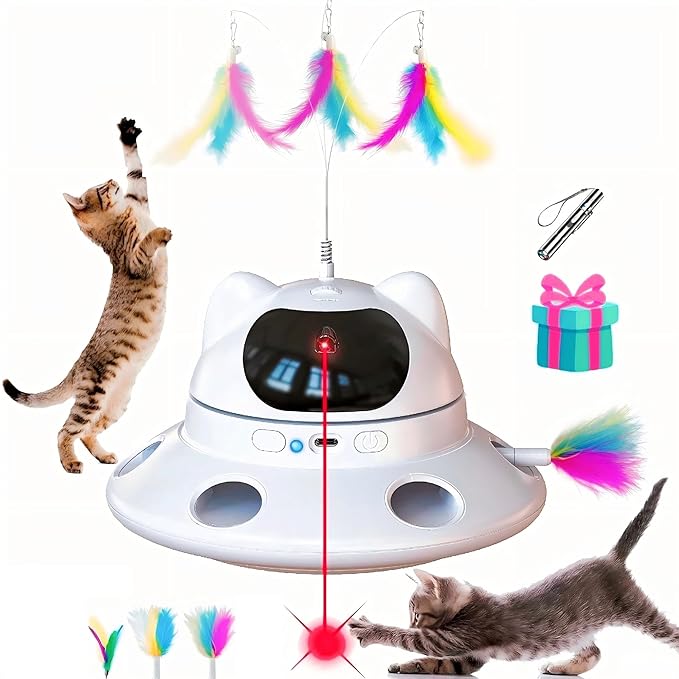 Cat Laser Toy,3-in-1Interactive Cat Toys Automatic Cat Toy with 360° Random Laser & Interactive Feather - 5 Laser PatternsUSB Rechargeable Motion Activated Moving - Fun Toys for Indoor Cats & Kittens