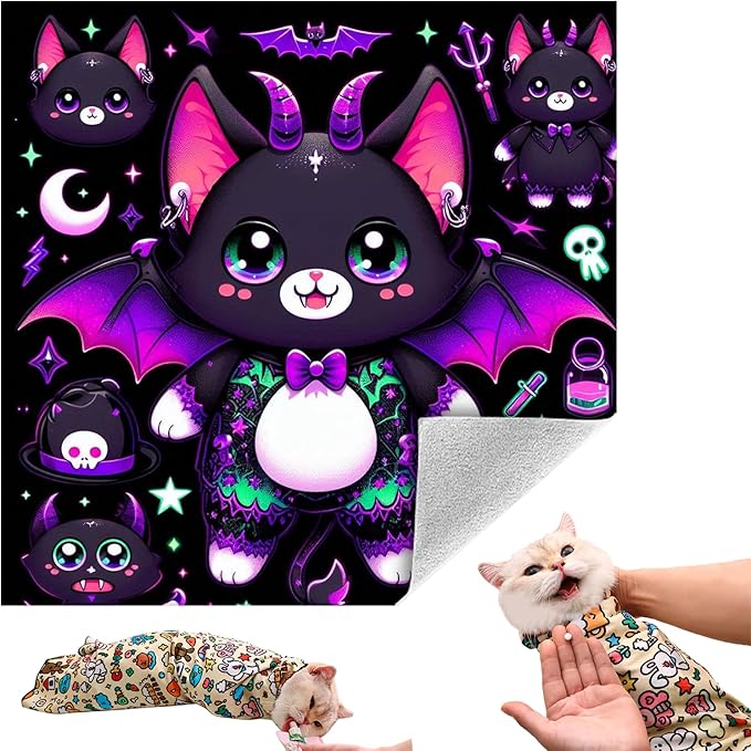 Cat Grooming Wrap, Self-Adherent Soft Cat Blanket to Wrap, Nail Clipping, Anti-Bite, Anti-Scratch, Anti-Escape Calming Wrap (Halloween, 3-6 lbs)
