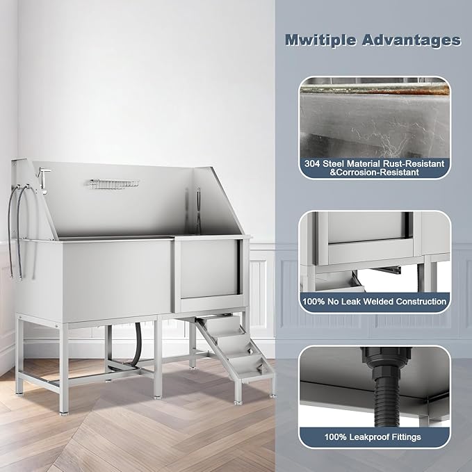 62" Professional Stainless Steel Dog Bathing Station, Large Dog Washing Station W/Dog Bath Brush, Washing Gloves, Floor Grate, Dog and Cat Bath Tub, Dog Washing Sink (62 Inch Left Door)