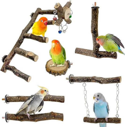 BNOSDM Natural Wood Bird Ladder Perch 6Pcs Parrot Stand Branches Climbing Chewing Stick Parakeet Swing Toys Cage Accessories Paw Grinding Fork Sets for Lovebirds Cockatiels Conure Budgies