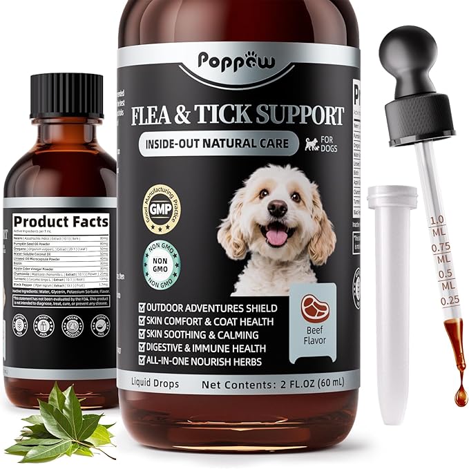 Dog Flea and Tick Support, Natural Herbal Flea & Tick Comfort for Dogs, Flea Liquid Drops Supplement for Dogs with Neem, Oregano, Pumpkin Seed Oil - Beef Flavor, 2 FL.Oz - All Breeds & Sizes