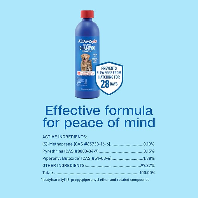 Adams Plus Flea & Tick Shampoo with Precor for Cats, Kittens, Dogs & Puppies Over 12 Weeks Of Age Sensitive Skin Flea Treatment | Kills Adult Fleas, Flea Eggs, Ticks, and Lice| 12 Ounces