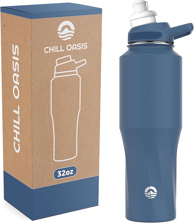 Chill Oasis Water Bottle | Compatible With Popular Flavor Cartridges | BPA Free, Leak Proof, Double-Walled Vacuum Insulated Stainless Steel, and Dishwasher Safe | Cold for 24 Hours (Navy, 32oz)