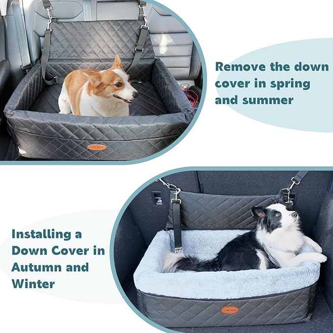 Dog Car Seat for Large/Medium Pet, Anti Slip Bottom Dogs Booster Seat for All Seasons,Pet Travel Bed with Thick Dog Sofa Cushion, Storage Pockets 2 Safety Leashes