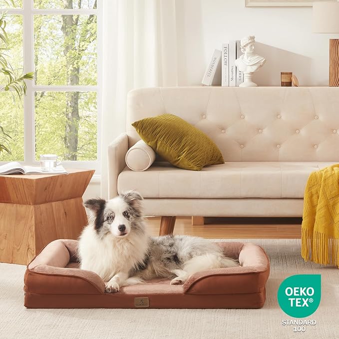 Bedfolks Orthopedic Dog Bed, Big Waterproof Dog Sofa Bed for Large Dogs, Egg Foam Pet Couch Bed with Removable Washable Cover and Nonslip Bottom, Brown