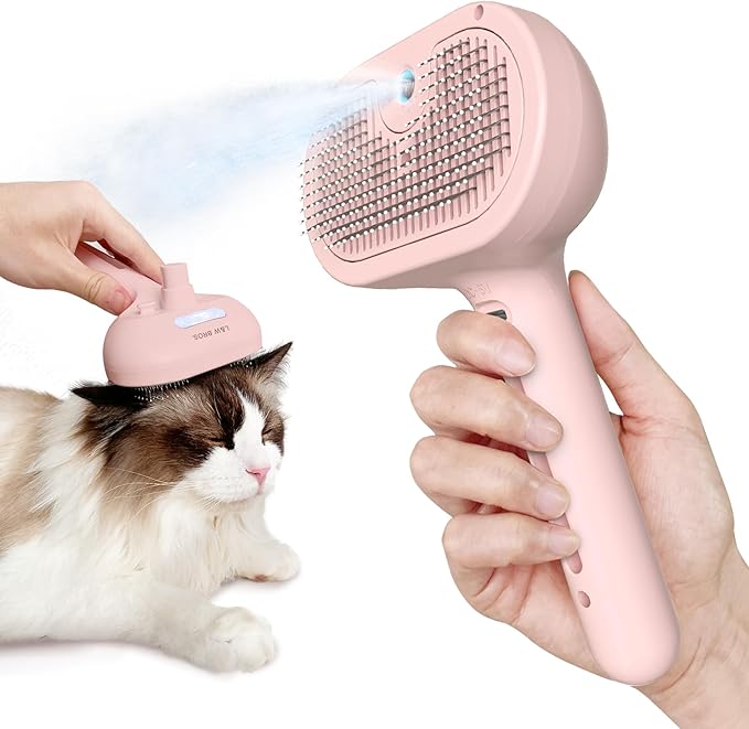 L&W BROS. Steam Grooming Brush for Shedding and Detangling – Self-Cleaning Steamy Pet Brush with Mist Spray for Long-Haired Cats and Small Dogs (Pink)