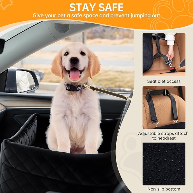 Dog Car Seats for Small Dogs, FurFrolic Memory Foam Dog Booster Seat for Small/Medium Dogs up to 35 lbs, Travel Pet Car Seat with Washable Detachable Cover, Storage Pockets, 2 Safety Belts (Black)