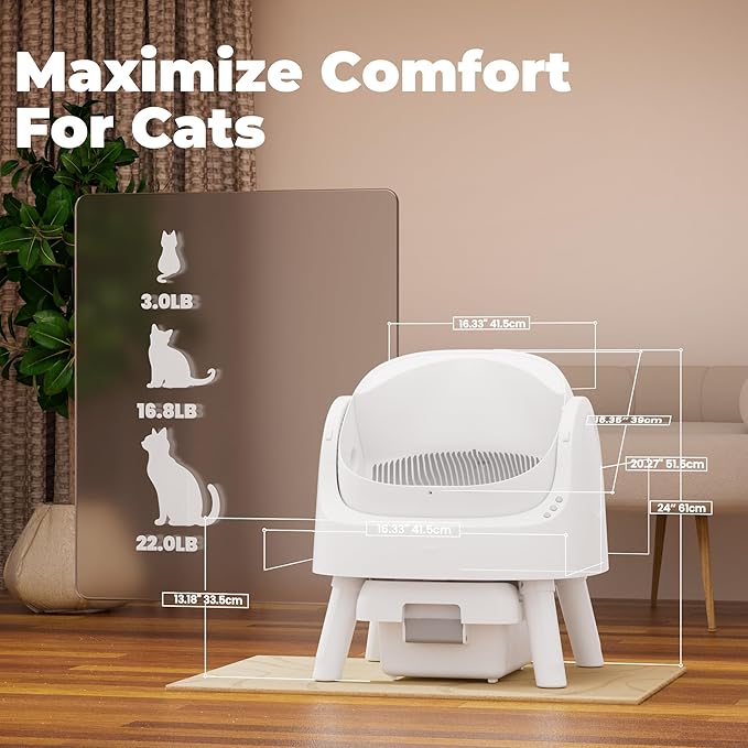 Automatic Litter Box, Open-Top Self Cleaing Litter Box with Safety Sensors and 10 L Waste Container, Suitable for Multiple Cats, White