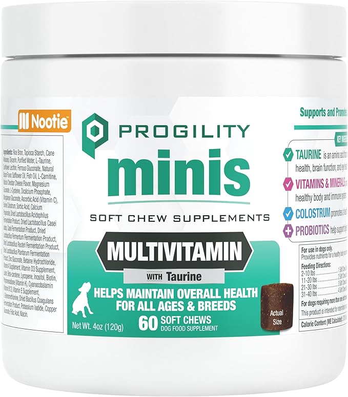 Nootie PROGILITY Daily Mini Multivitamin Chews for Dogs - Supports Immunity, Heart, Eye, Brain, and Bone Health with Taurine- for All Dog Sizes - 60 Soft Chews - Sold in Over 5,000 Pet Stores