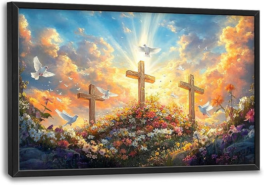 Framed Large Christian Jesus Wall Art, Oversized Floral Dove Wall Decor for Living Room, Landscape Canvas Painting Peaceful Pictures Modern Artwork for Living Room Bedroom Office 36"x24"