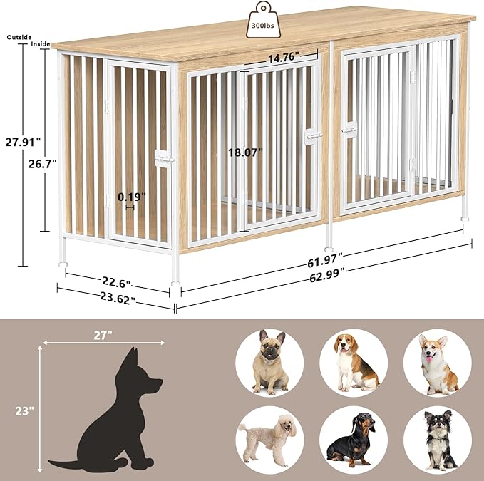 EasyCom 63" Dog Cage Furniture for 2 Pets with Divider, XL Wooden Double Dog Crate Furniture TV Stand for Mideum Breed, Durable and Sturdy