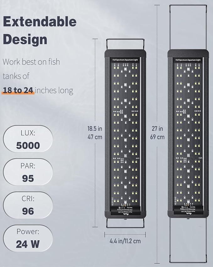 Pawfly 20W 24/7 Aquarium LED Light for 18" to 24" Tanks Extendable Fish Tank Light with Full Spectrum White Blue Red Green Lights with D/N Mode Single Color Effects Timer and Adjustable Brightness