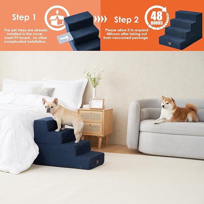 EHEYCIGA Dog Stairs for Bed 20" H, 4-Step Extra Wide Dog Steps for High Bed, Pet Steps for Small Dogs and Cats, Non-Slip Balanced Pet Ramp Indoor, Navy Blue