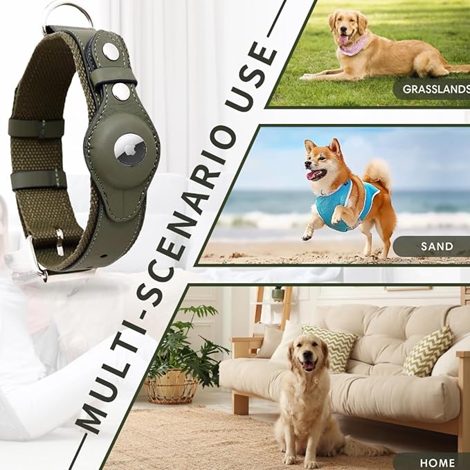 AirTag Dog Collar Soft Leather Webbing Dog Collar for AirTag Provides Double Protection for Small Medium and Large Dogs(Blue,S)