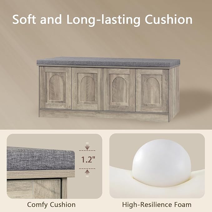 DINZI LVJ Shoe Bench, Entryway Storage Bench with Doors, Cushion, 2-Tier Shoe Rack with 8-Cubby, 47.2”L x 13.8”W Shoe Organizer Cabinet, Adjustable Shelf, Living Room, Bedroom, Gray Wash