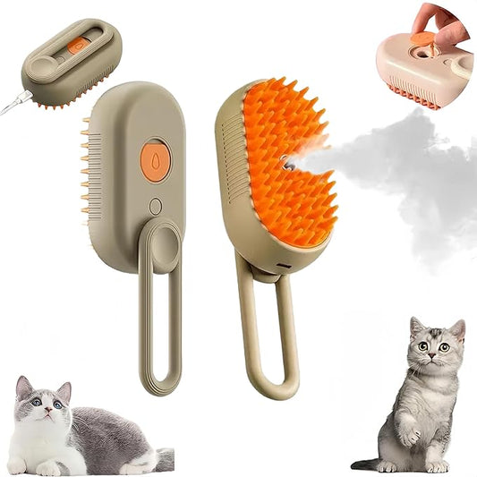 BoBow Cat Steam Brush for Shedding for Cats and Dogs, 3 in 1 Grooming Anti-Static Steam Pet Brush, Massage, Cleaning, Shedding, Combing Long and Short Hair Dogs and Cats (Khaki)