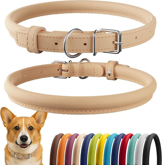 CollarDirect Rolled Leather Dog Collar, Soft Padded Round Puppy Collar, Handmade Genuine Leather Collar Dog Small Large Cat Collars 13 Colors (13-16 Inch, Beige Smooth)